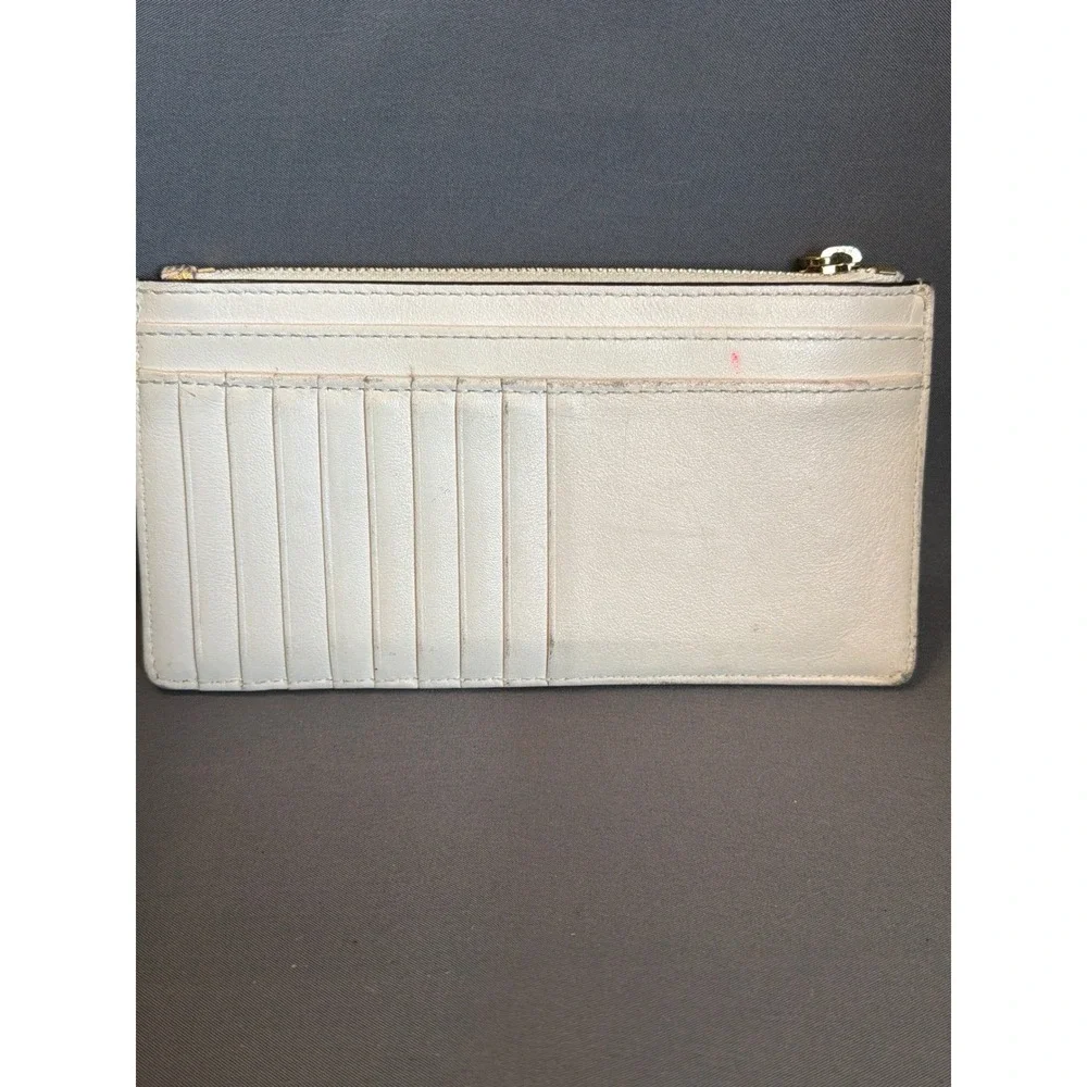 Michael Kors Slim Card Case Wallet Gold Floral Cream Leather Zip Key Ring